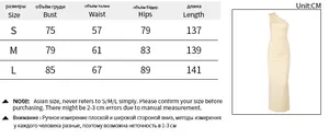 Size chart for women's ruched one-shoulder dress with bust, waist, and hip details