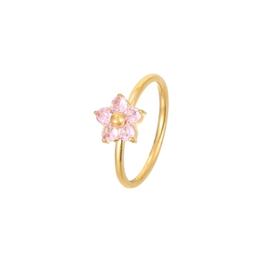 Minimalist gold flower ring featuring five pink zircon petals on white background