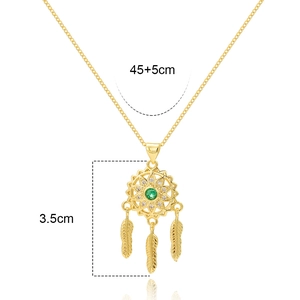 Gold dreamcatcher necklace with emerald zircon and feather pendant, 45+5cm chain size