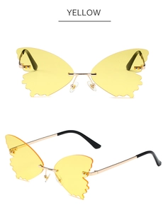 Detailed views of rimless butterfly sunglasses with yellow lenses and gold metal frames