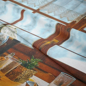 Detail of bohemian tapestry texture with a cozy retro window view and plant print