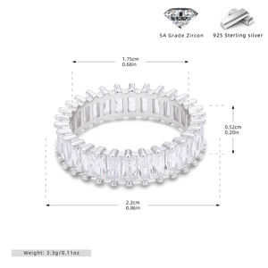 Detailed size specifications for S925 sterling silver ring with 5A grade zircon stones