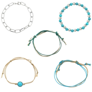 Vijfdelige zilveren armbandset met turquoise kralen en geweven koord voor dames