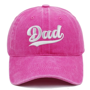 Close-up of Dad embroidery on washed cotton rose pink baseball cap with premium texture