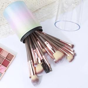 Detailed view of 15 makeup brushes with rose gold ferrules and iridescent storage case