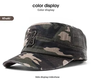 Detail of khaki camo flat top army cap showing breathable mesh side panels and embroidery