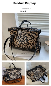 Detail of leopard print tote bag with metal studs and elegant black fringe pendant