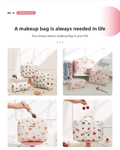 Detailed view of quilted makeup bags with cherry and heart prints and soft texture