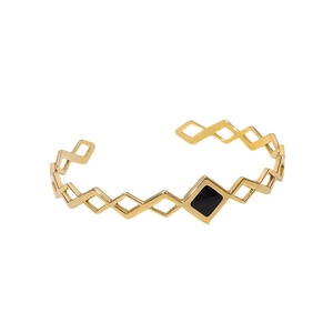 Elegant geometric gold stainless steel open bangle with black diamond enamel details