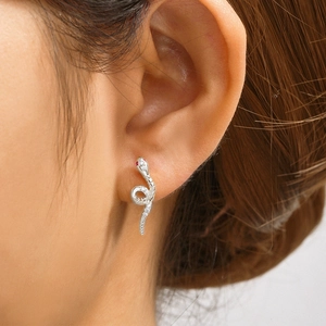 Close-up of snake earrings in 925 silver with white zircon and red gem eyes