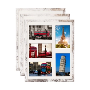 Distressed white wood 5-opening photo frame set for wall and tabletop display