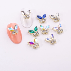 Exquisite 3D alloy butterfly nail charms with colorful rhinestones on golden base
