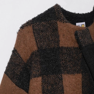 French style brown and black checkered knit cardigan with a classic wool-like texture