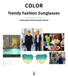 Macro view of heart-shaped sunglasses with gold metal frame and gradient ocean lenses