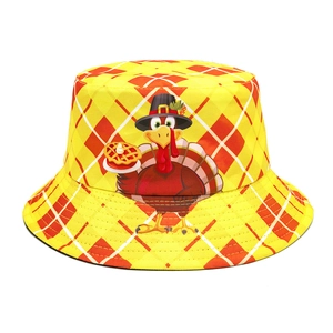 Thanksgiving Turkey Print Bucket Hat Reversible Polyester Plaid Sun Protection Outdoor Fisherman Hat For Men Women