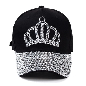 Women's black cotton baseball cap with silver rhinestone crown and fully crystal brim
