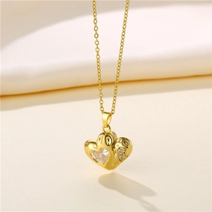 French style 18k gold plated stainless steel double heart necklace with zircon inlay