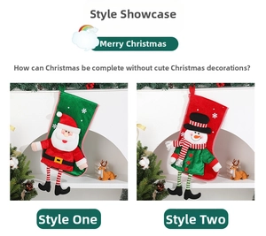 Detail of Christmas stockings with Santa and snowman designs featuring long hanging legs