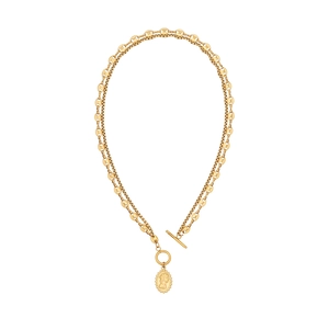 Double-layered gold stainless steel necklace with coffee bean chain and portrait pendant