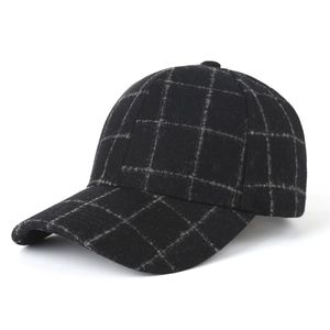 Classic black and grey plaid baseball cap with warm wool texture and ear protection