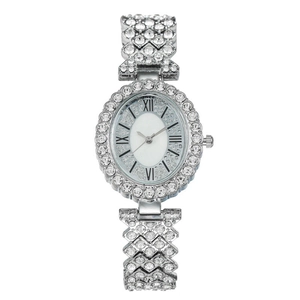 Close-up of silver oval watch with crystal-encrusted bezel and Roman numerals