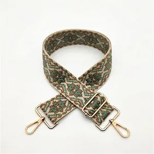Detail view of ethnic style woven strap with green geometric patterns and gold clasps