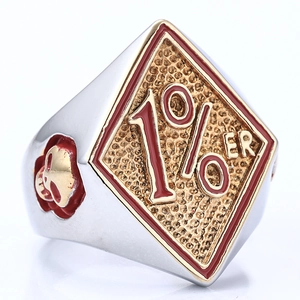 Men's biker style 316 stainless steel ring with 1%er engraving and gold skull relief