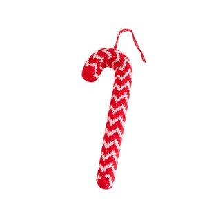 Red and white knitted candy cane Christmas tree ornament with a hanging loop
