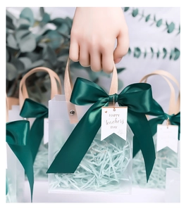 Close-up of frosted gift bag with dark green ribbon and Happy Teacher's Day tag