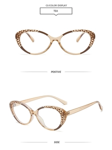Detailed views of tea brown cat-eye glasses frames in polished transparent acetate