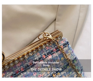 Detail of blue tweed bag with colorful sequins, gold rhinestone trim and chain strap