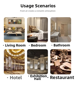 Multiple scenarios showing aromatherapy oil use in living room, bedroom and office spaces
