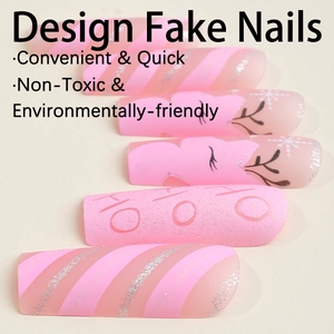 Christmas press-on nails with pink elk and snowflake designs with glitter HO stripes