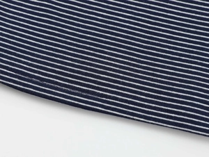 Gros plan détaillé du tissu en maille rayé bleu et blanc montrant la texture fine