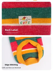 Detail of colorful striped dog sweater featuring thick knit fabric and back cartoon patch