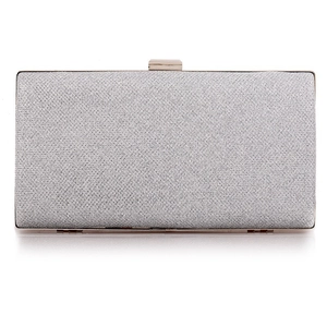 Close-up of glitter surface and metallic clasp on a rectangular silver evening clutch bag