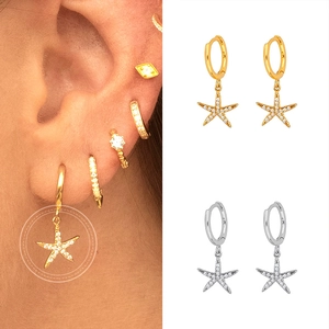 S925 silver starfish hoop earrings with zircon stones in gold and silver finish