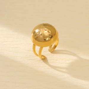 Vintage golden dome ring with hammered texture and double band stainless steel design