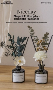Detail of 50ml reed diffuser bottles with white flowers and eucalyptus leaves decor