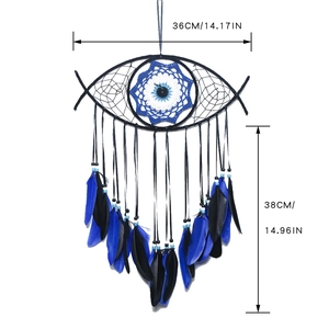Detailed dimensions of eye-shaped dreamcatcher with blue feathers, 36cm width by 38cm length