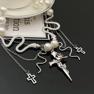 Gothic multi-layer snake and cross necklace with rose sword pendant and pearls