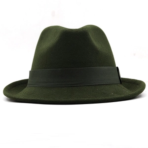 Detailed view of dark green wool felt jazz hat with matching grosgrain ribbon band