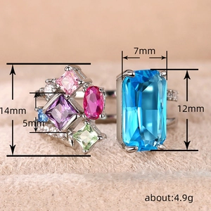 Luxury zircon open ring set featuring multi-color stones and a large blue rectangular gem