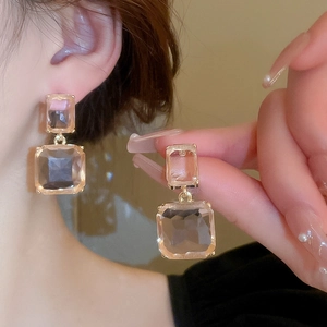 Elegant geometric square crystal drop earrings with champagne stones and golden frame