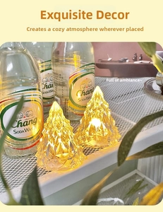 Detailed view of two warm yellow mountain-shaped iceberg night lights with crystal texture