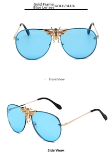 Detailed front and side views of gold aviator sunglasses with blue lenses and bee motif