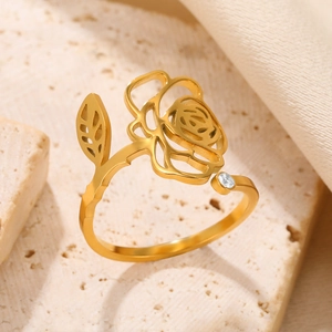 Hollow Flower Adjustable Ring Stainless Steel With Zircon Birth Flower Gold Color Jewelry For Women Elegant Fashion