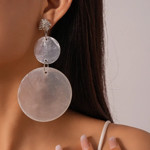 Close-up of model wearing large shell textured double round earrings in silver finish