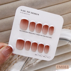 Handmade burgundy gradient french press-on nails set with classic white tips on display card