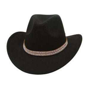 Detail of black felt cowboy hat with leather band featuring inlaid pearls and rhinestones